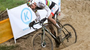 Overshadowed by the nail-biting two-man duel up front, Mathieu van der Poel's third-place ride was very impressive in his first race after knee surgery. 2015 Koksijde World Cup Men. © B. Hazen / Cyclocross Magazine