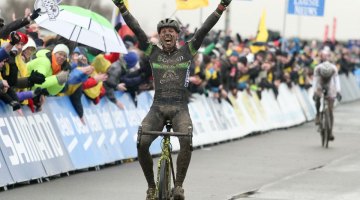 Sven Nys takes his 50th World Cup win. 2015 Koksijde World Cup Men. © B. Hazen / Cyclocross Magazine