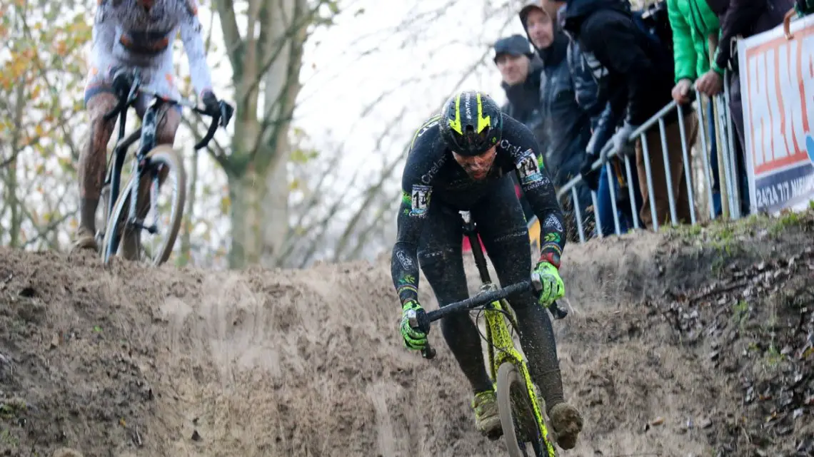 Sven Nys leads Wout van Aert into a sandy downhill at the 2015 Koksijde World Cup. © A. Reimann / Cyclocross Magazine