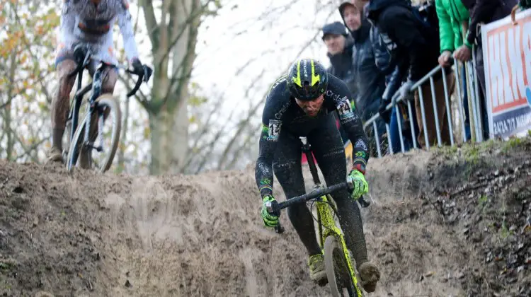 Sven Nys leads Wout van Aert into a sandy downhill at the 2015 Koksijde World Cup. © A. Reimann / Cyclocross Magazine