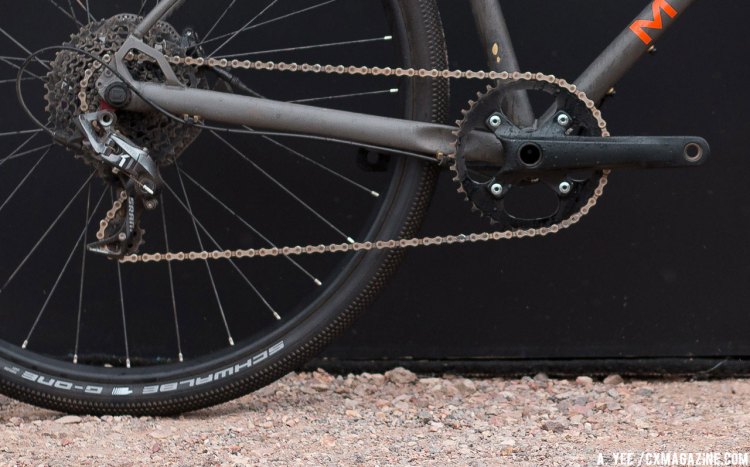 A 40-tooth narrow-wide chainring paired with a SRAM 11-speed 10-42 cassette gives the Four Corners Elite wide enough gearing to handle most anything you can throw at it. © Cyclocross Magazine