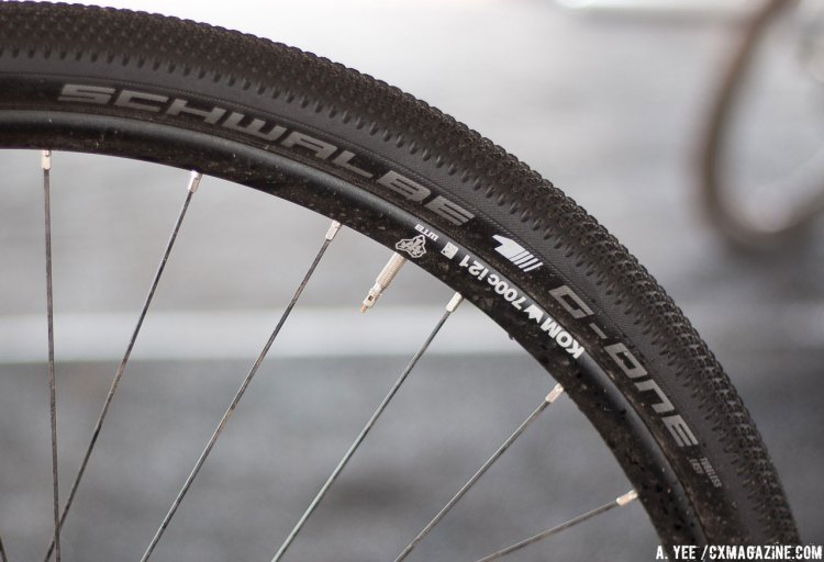 Schwalbe's 40mm G-One tires are tubeless ready and wide enough to handle gravel roads with aplomb. © Cyclocross Magazine