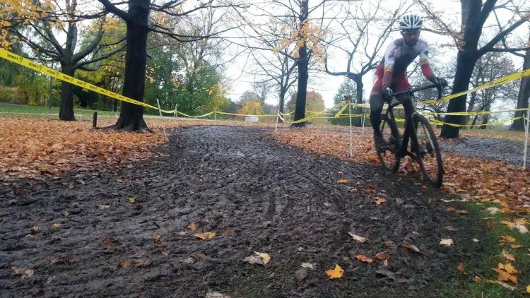 Brian Matter (KS-Energy-MOSH) navigates a tricky corner in the mud at the Halloween Cross SuperCup race. Photo by Paul Warloski