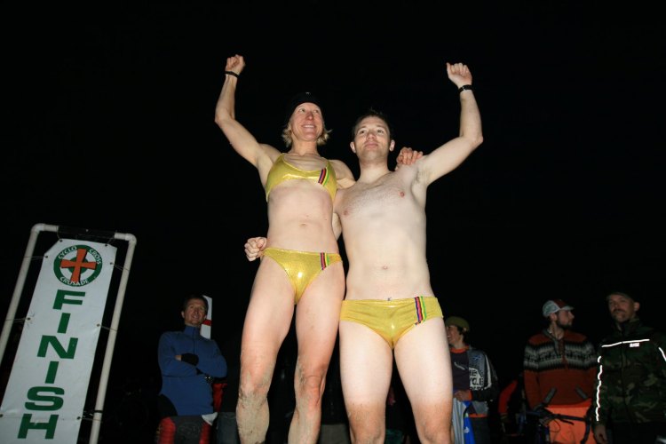 Sue Butler and Drew MacKenzie in their SSCXWC 2008 Golden Speedos. © Pat Benson