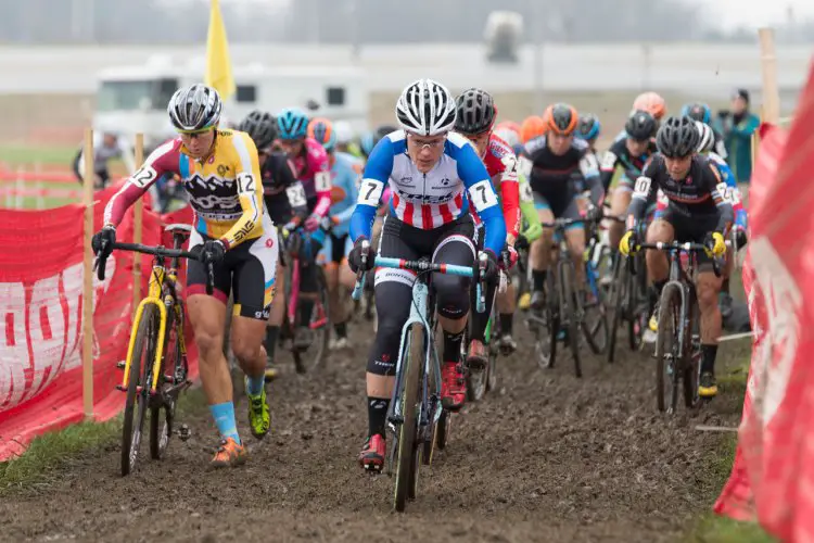 Katie Compton drives the pace early at a muddy day three of Jingle Cross. © Ken Sherman / kkimages.us