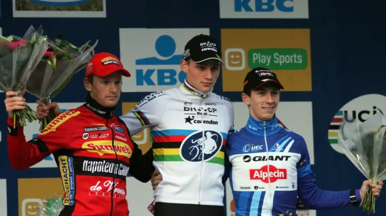 The Elite Men's podium at Zolder (l-r) Kevin Pauwels, Mathieu van der Poel and Lars van der Haar. © Bart Hazen