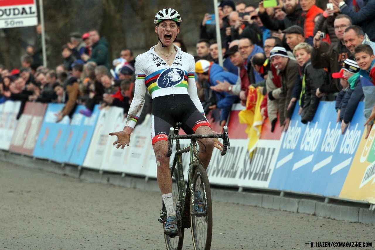 Mathieu van der Poel clearly exctied at winning the World Cup at Namur.