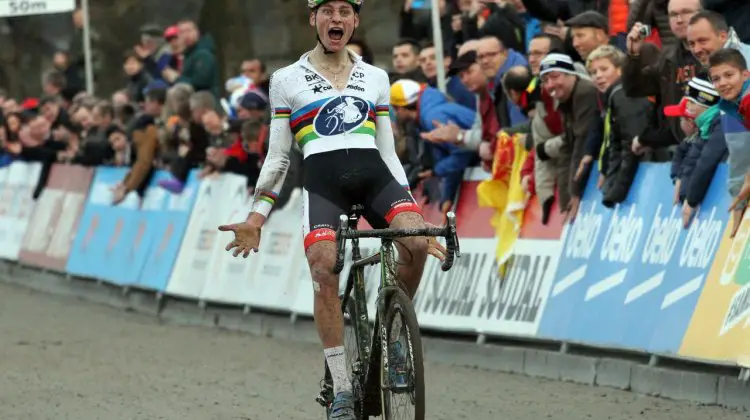 Mathieu van der Poel clearly exctied at winning the World Cup at Namur.