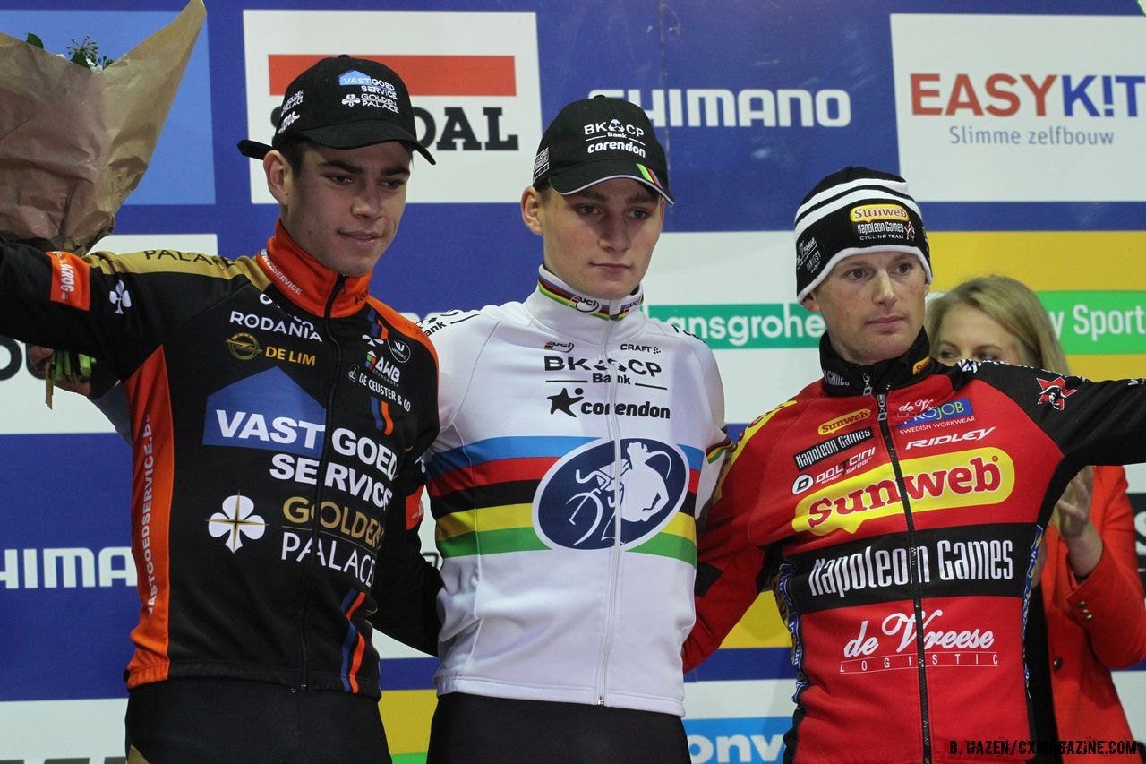 Young guns joined by two-time winner Kevin Pauwels on the podium at the 2015 Namur World Cup.