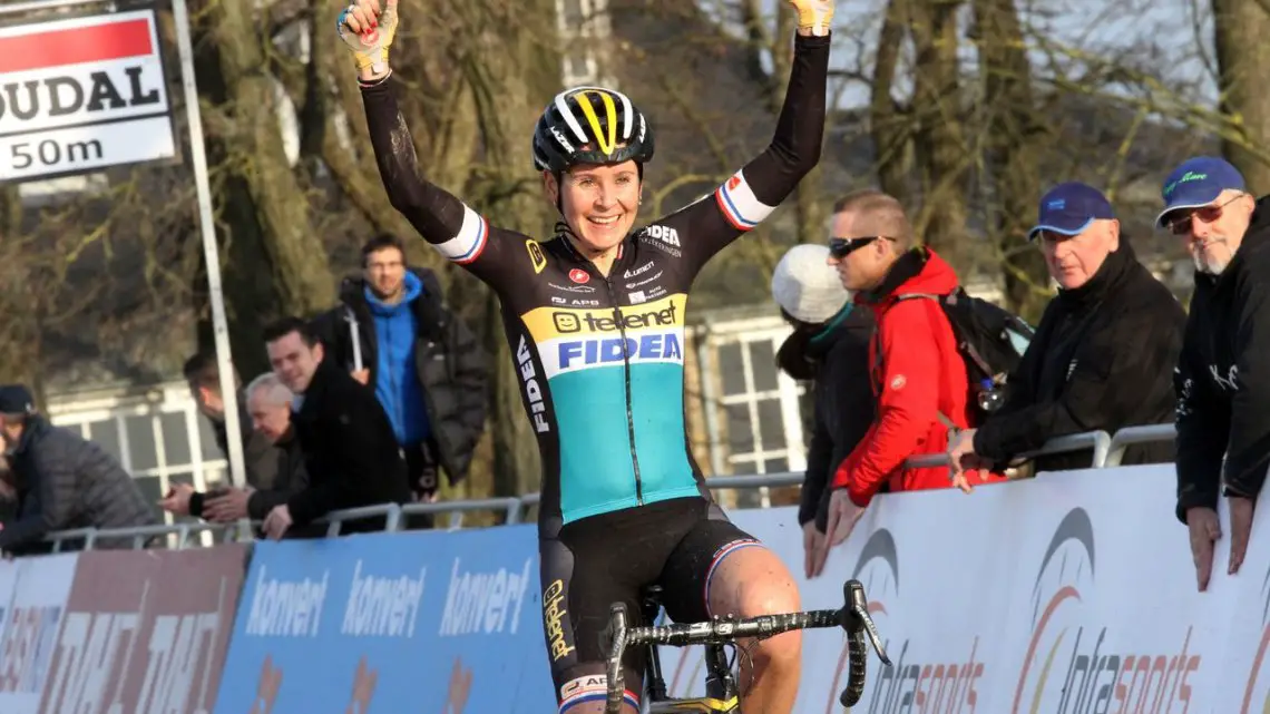 Nikki Harris basks in the sun as she takes the win at Namur.