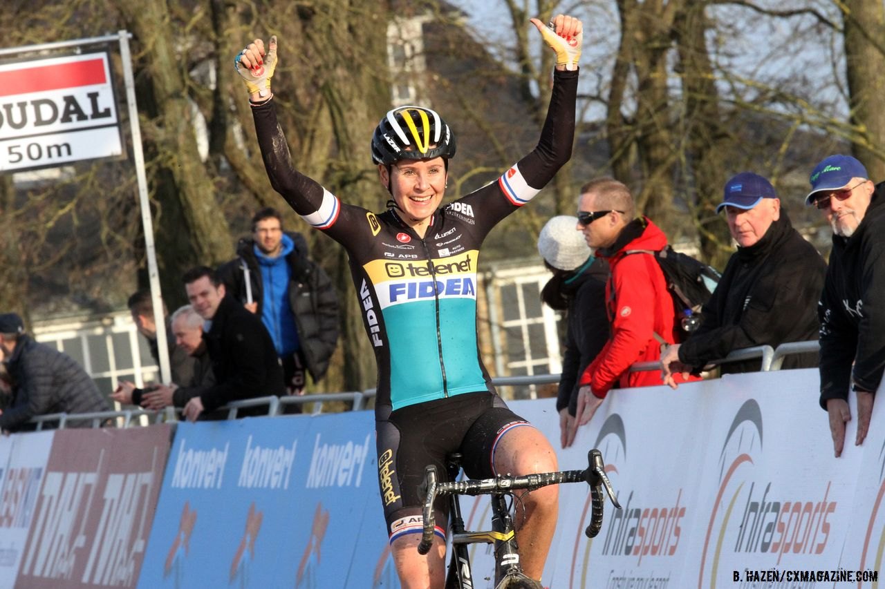 Nikki Harris basks in the sun as she takes the win at Namur.