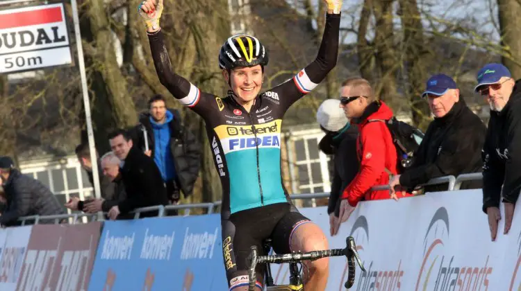 Nikki Harris basks in the sun as she takes the win at Namur.