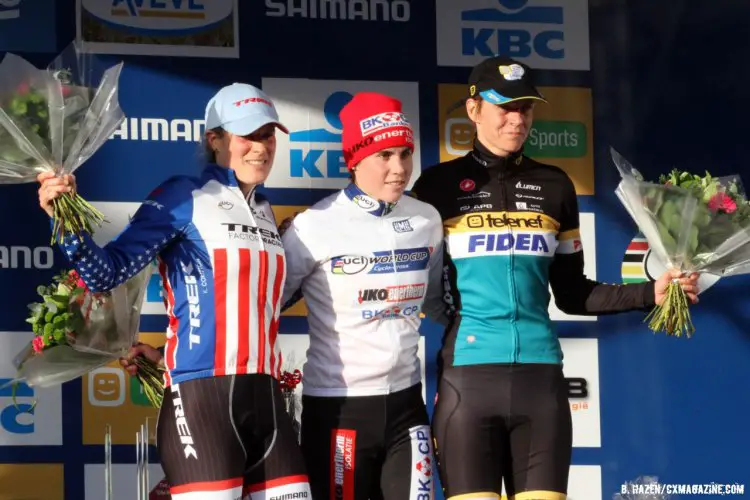 The Women's Elite podium (l-r) Katie Compton, Sanne Cant and Ellen van Loy.