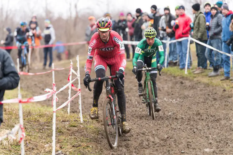 Troy Wells is about to be passed by Jonathan Page on a slippery descent. © Ken Sherman / kkimages.us