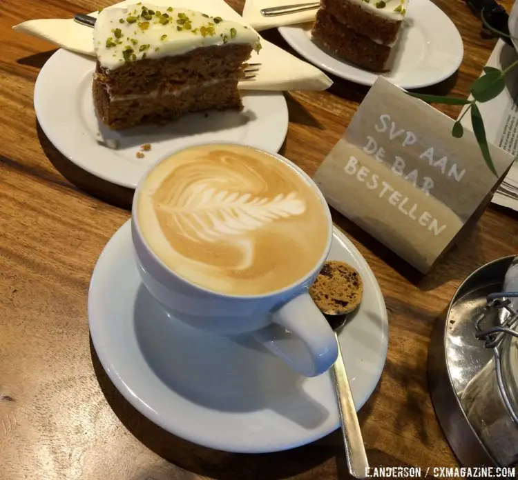 Lattes and carrot cake at Coffee Mundo, a favorite post-ride stop in Sittard. 2015 USAC Cyclocross Development Camp. © Elle Anderson