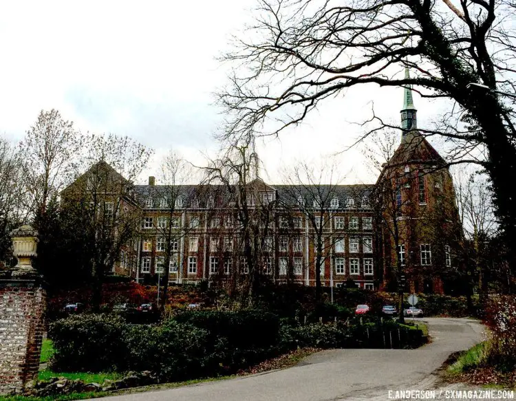 An old monastery looms near the USA Cycling houses in Sittard, the Netherlands. 2015 USAC Cyclocross Development Camp. © Elle Anderson