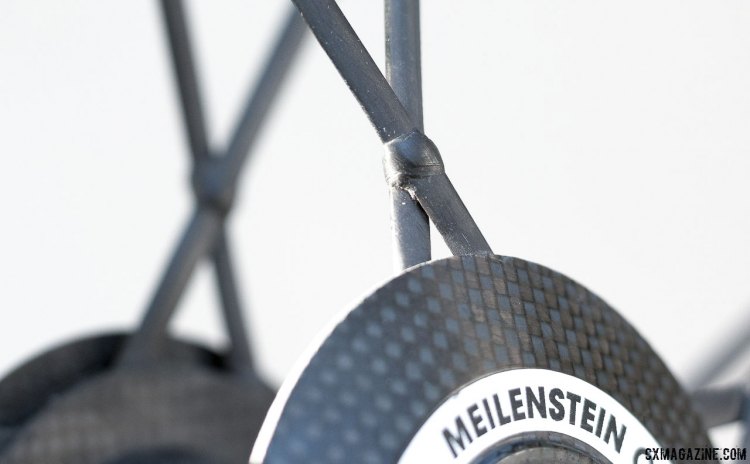 No truing here. Carbon spokes for the upper echelon of light weight and high performance on the Lightweight Meilenstein Obermayer wheelset. © Cyclocross Magazine