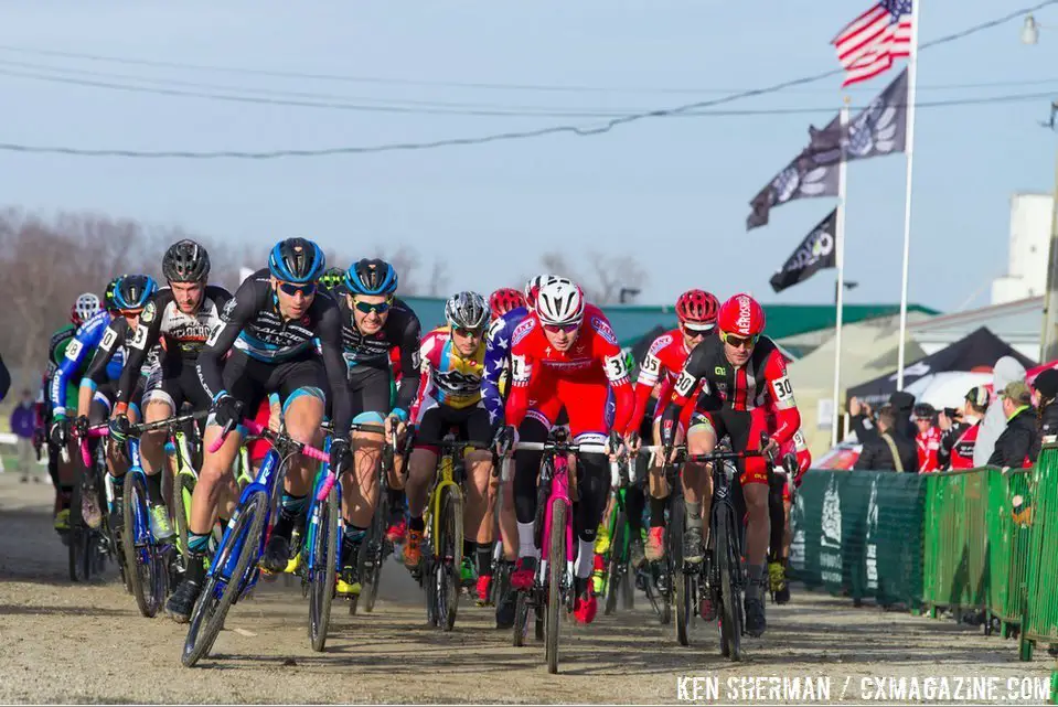 The start of the Elite Men's race at day 2 of Jingle Coss. © Ken Sherman