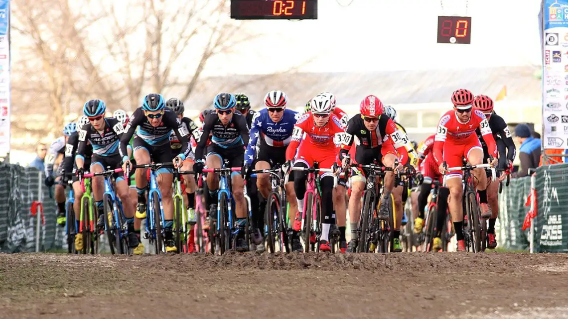 No strangers to the start of a World Cup, Jeremy Powers and Logan Owen accelerate from the line at Jingle Cross. © David Mable