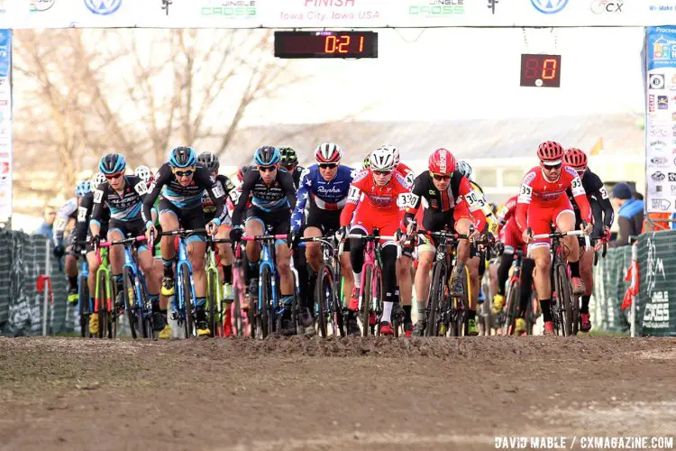 No strangers to the start of a World Cup, Jeremy Powers and Logan Owen accelerate from the line at Jingle Cross. © David Mable