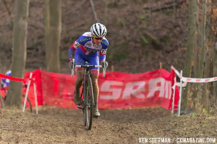 Katerina Nash put some distance between herself and the rest of the competition to finish solo at day 2 of Jingle Cross. © Ken Sherman