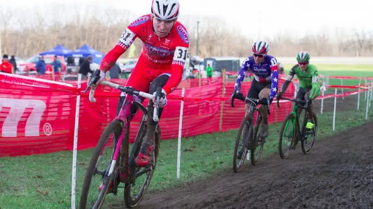 Logan Owen leads Jeremy Powers and Stephen Hyde around the muddy course at day 2 of Jingle Cross. © Ken Sherman