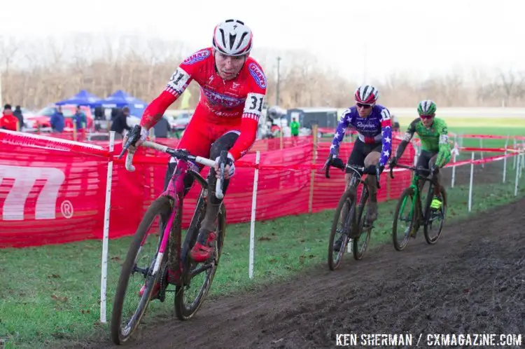Logan Owen leads Jeremy Powers and Stephen Hyde around the muddy course at day 2 of Jingle Cross. © Ken Sherman