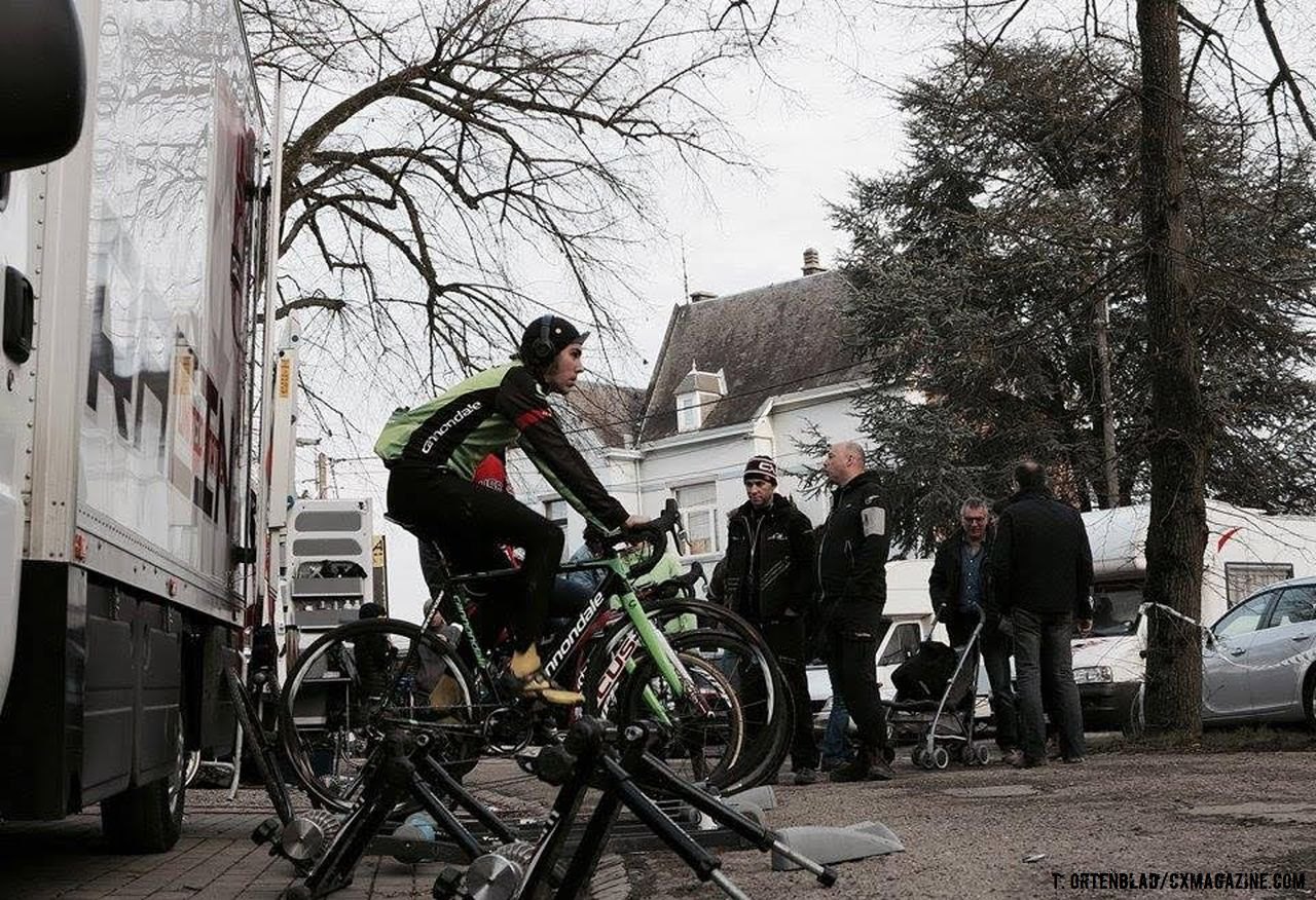 Curtis White strikes a solitary figure on the trainer as he prepares for yesterday's World Cup at Namur. © Tobin Ortenblad