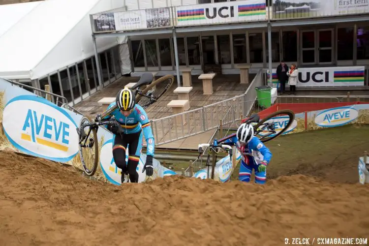 Do you know how you'll tackle the run-up? A trainer warmup won't help you find the right line, or right spot to dismount. photo: Course inspection. 2016 Zolder World Championships. © D. Zelck / Cyclocross Magazine