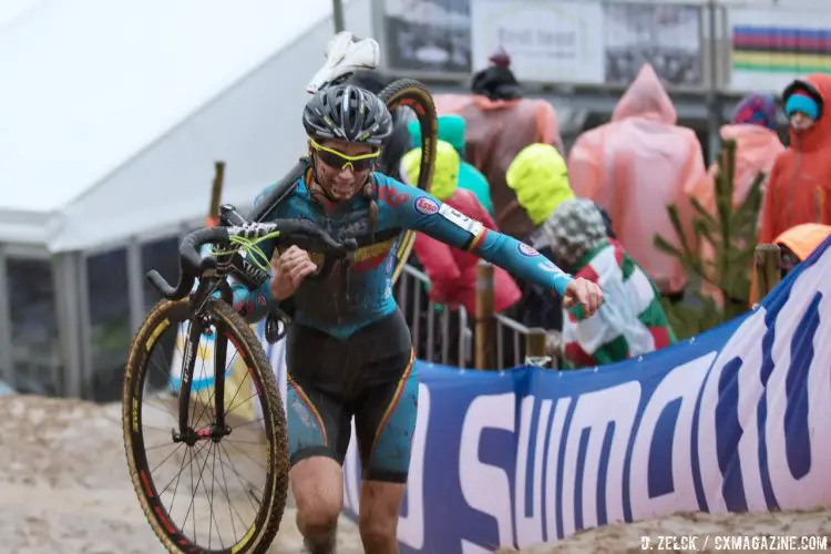 Femke Van den Driessche having a disastrous Women's U23 race at the 2016 Cyclocross World Championships in Zolder. © Danny Zelck / Cyclocross Magazine