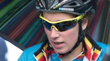 Femke Van den Driessche in tears at the finish. By her helmet's stickers, she doesn't believe in drugs, but her stance on mechanical doping is unclear after the motor controversy. 2016 Cyclocross World Championships in Zolder. © Danny Zelck / Cyclocross Magazine