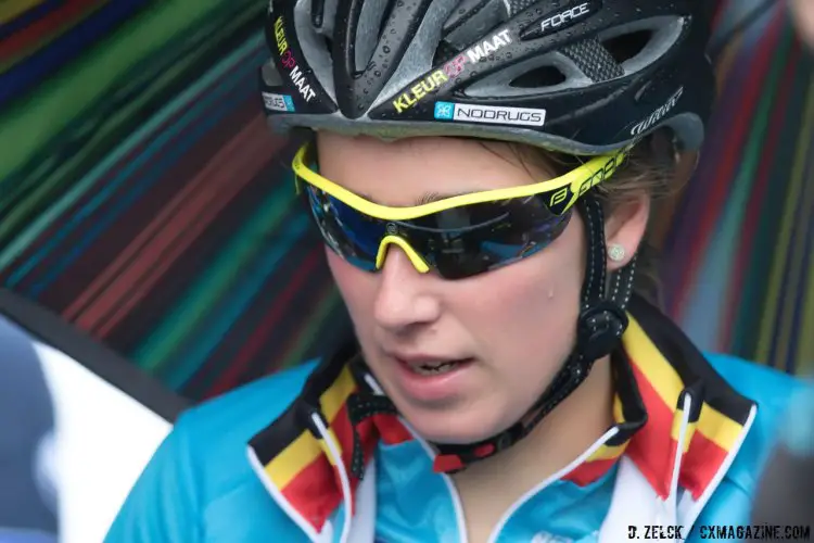 Femke Van den Driessche in tears at the finish. By her helmet's stickers, she doesn't believe in drugs, but her stance on mechanical doping is unclear after the motor controversy. 2016 Cyclocross World Championships in Zolder. © Danny Zelck / Cyclocross Magazine