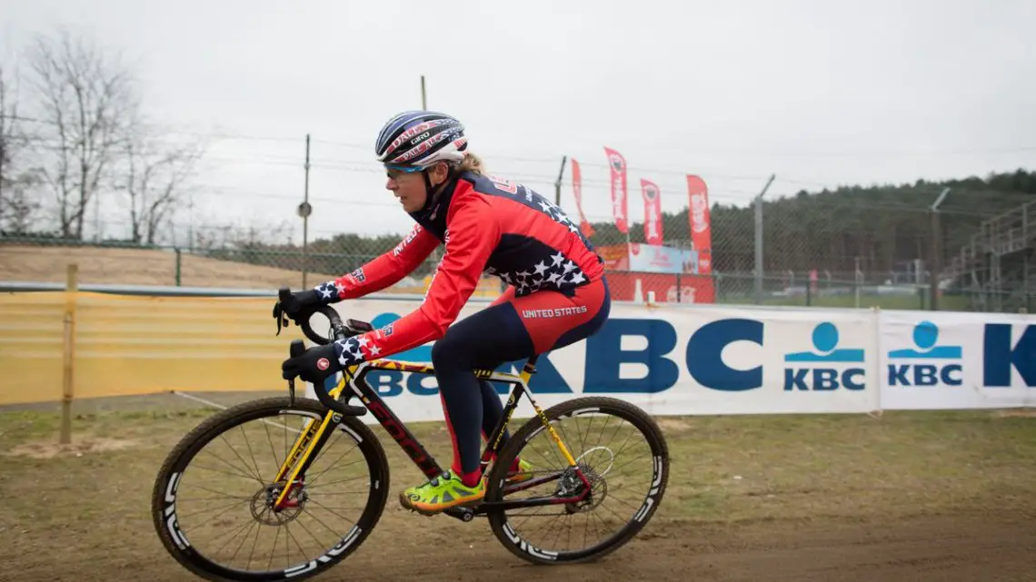 Meredith Miller, looking ready to tackle tomorrow's race. Course Inspection. 2016 UCI Cyclocross World Championships. © P. Van Hoorebeke/Cyclocross Magazine