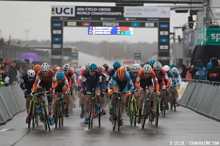 The Junior Men's start. The front-row Americans fell back a bit. © Danny Zelck / Cyclocross Magazine