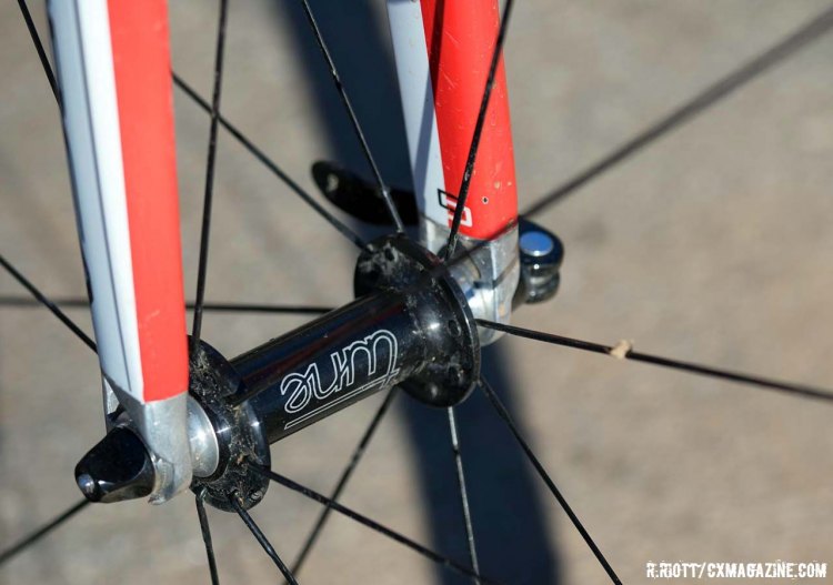 The carbon front wheel is radially laced to this Tune hub, making for a lightweight combination. © Cyclocross Magazine
