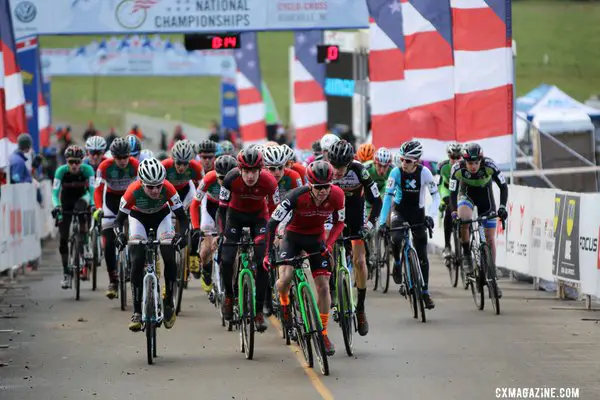 Cameron Beard grabs the holeshot in the 17-18 Juniors National Championship race. © Cyclocross Magazine