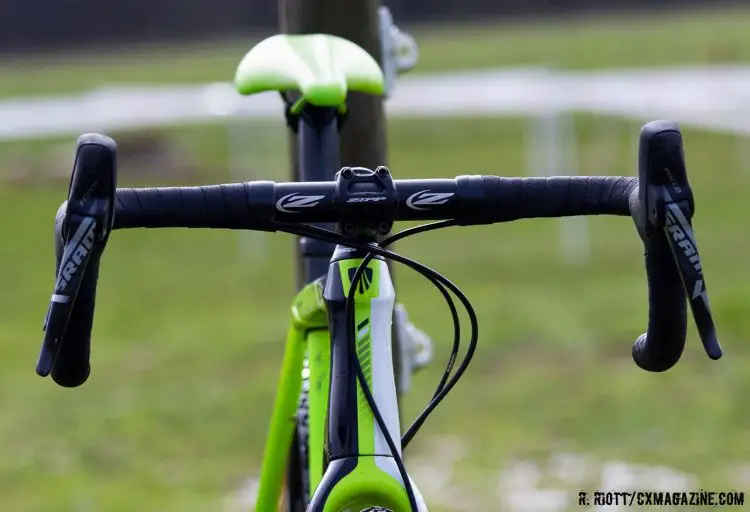 Shifting and Braking were provided by a set SRAM Force levers, which were clamped to a Zipp Service Course alloy bar. © Cyclocross Magazine