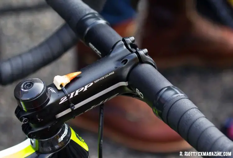 Dillman had a turkey claw zip tied to his Zipp Service Course stem. The claw is a gift that was given to Dillman by a close friend shortly before their passing. He keeps a claw on both his A and B bikes in his friend’s memory. © Cyclocross Magazine