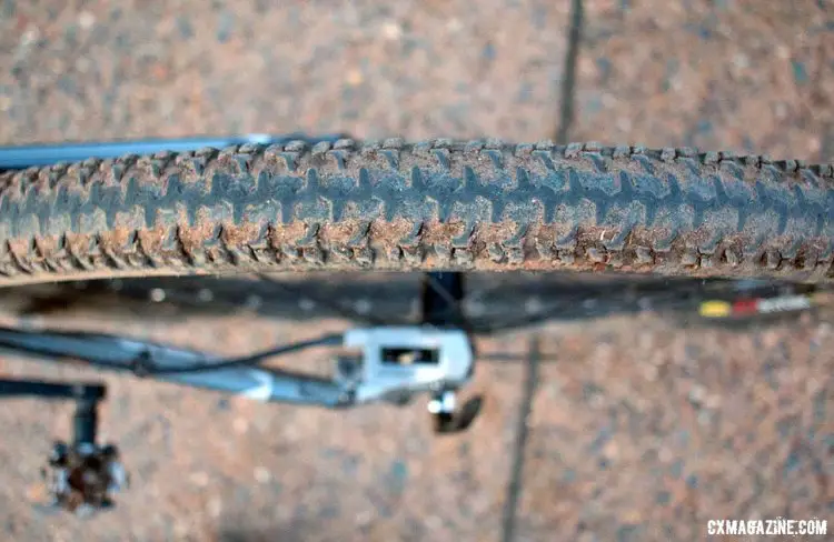 Gordon’s riding has nearly shaved his Hutchinson Pythons down to semi-slicks. Who needs to buy a pair when you can make your own? © Cyclocross Magazine