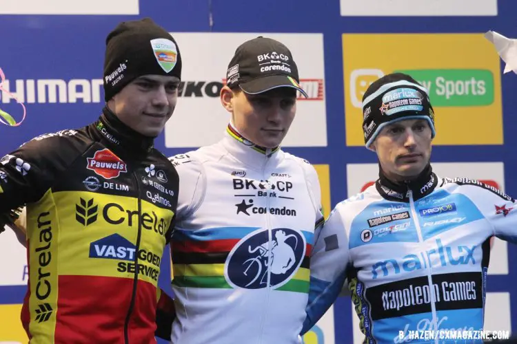 The Elite Men's World Cup Hoogerheide podium (l-r) Wout van Aert, Mathieu can der Poel and Kevin Pauwels. 2016 World Cup Hoogerheide. © Bart Hazen