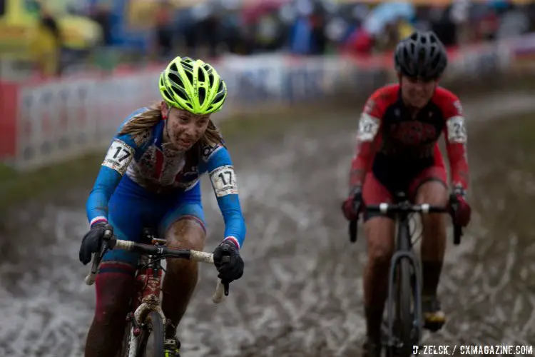 Martina Mikulaskova leads Amanda Miller. Elite Women, 2016 Cyclocross World Championships. © Danny Zelck / Cyclocross Magazine
