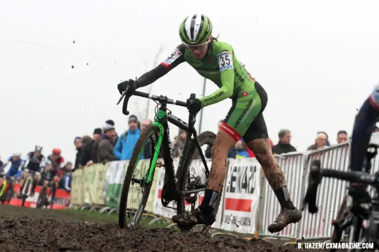 Kaitie Antonneau dismounts ahead of a 180 degree turn. 2016 World Cup Hoogerheide. © Bart Hazen