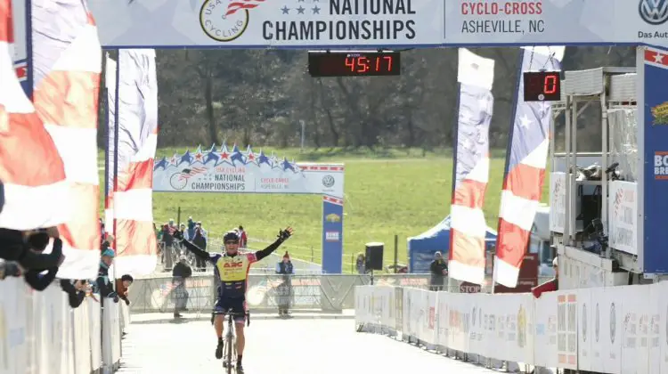 Jay Trojan celebrates the win in the 2016 Men's 55-59 Cyclocross National Championships. © Cyclocross Magazine