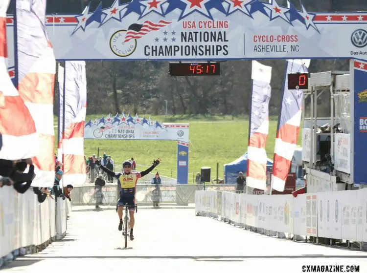 Jay Trojan celebrates the win in the 2016 Men's 55-59 Cyclocross National Championships. © Cyclocross Magazine