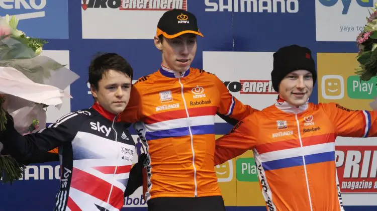 The Junior Men's World Cup Hoogerheide podium (l-r) Thomas Pidcock, Jens Dekker and Thijs Wolsink. 2016 World Cup Hoogerheide. © Bart Hazen