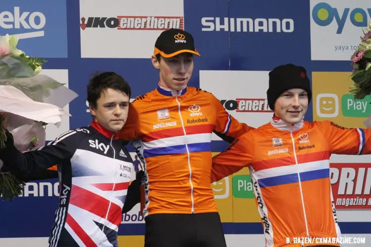 The Junior Men's World Cup Hoogerheide podium (l-r) Thomas Pidcock, Jens Dekker and Thijs Wolsink. 2016 World Cup Hoogerheide. © Bart Hazen