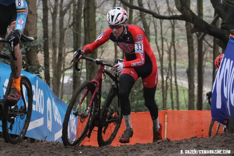 American Logan Owen on course and en route to eighth in the Men's U23 at the final World Cup of the year. 2016 World Cup Hoogerheide. © Bart Hazen