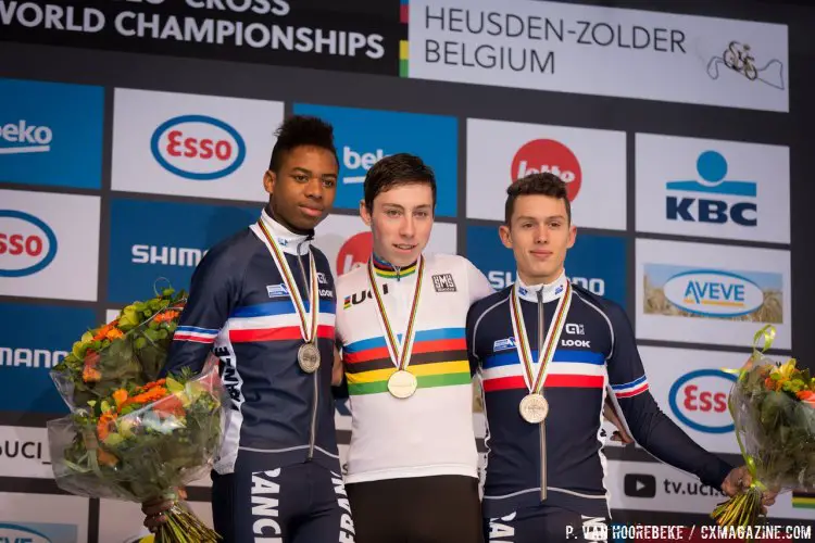 2016 Junior Men's podium, l to r: Crispin, Dekker and Bonnet