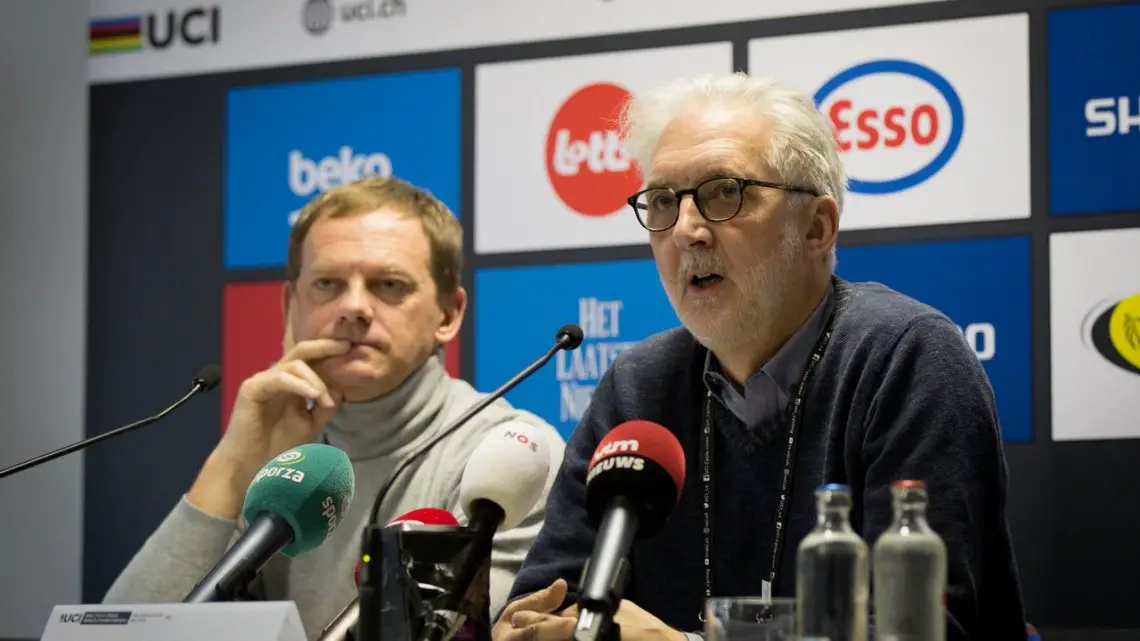 Brian Cookson confirms "mechanical doping" or "technological fraud" was found yesterday in the women's U23 race. © Pieter Van Hoorebeke / Cyclocross Magazine