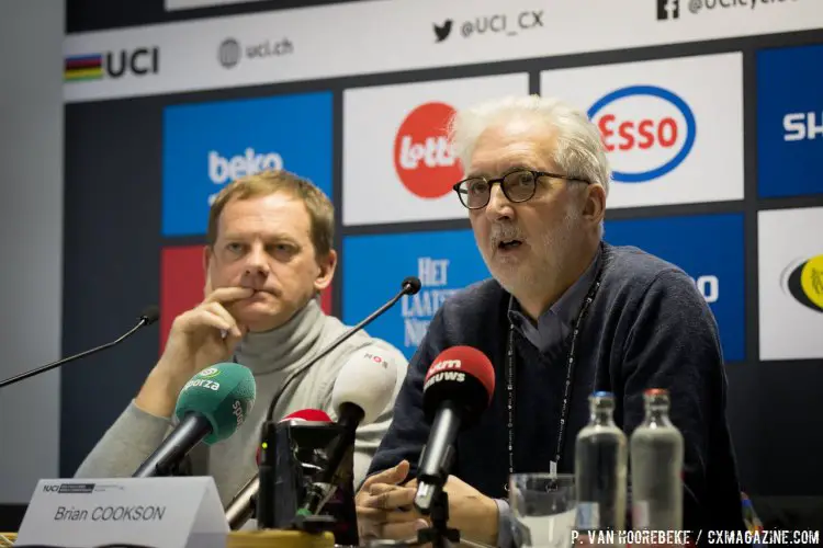 Brian Cookson confirms "mechanical doping" or "technological fraud" was found yesterday in the women's U23 race. © Pieter Van Hoorebeke / Cyclocross Magazine